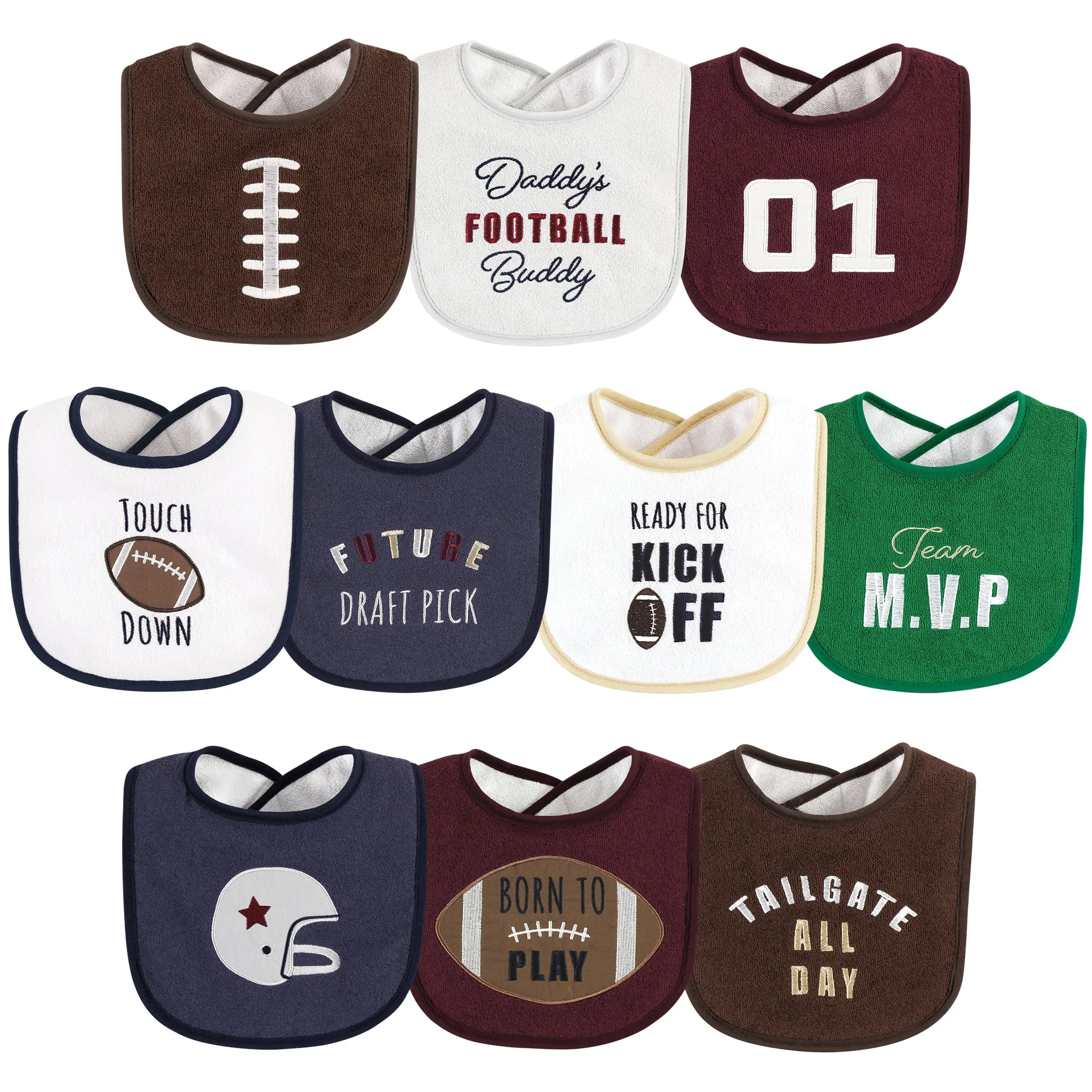 Hudson Baby Cotton Terry Drooler Bibs with Fiber Filling, Football