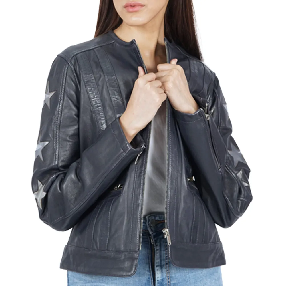 Jenna Star Navy Blue Leather Jacket