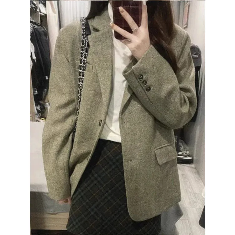 Joskaa frat boy outfits Vintage Wool Variegated Woolen Suit Coat Coat Autumn and Winter Korean Style High-Grade Quilted Loose Suit