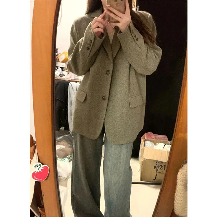 Joskaa frat boy outfits Vintage Wool Variegated Woolen Suit Coat Coat Autumn and Winter Korean Style High-Grade Quilted Loose Suit