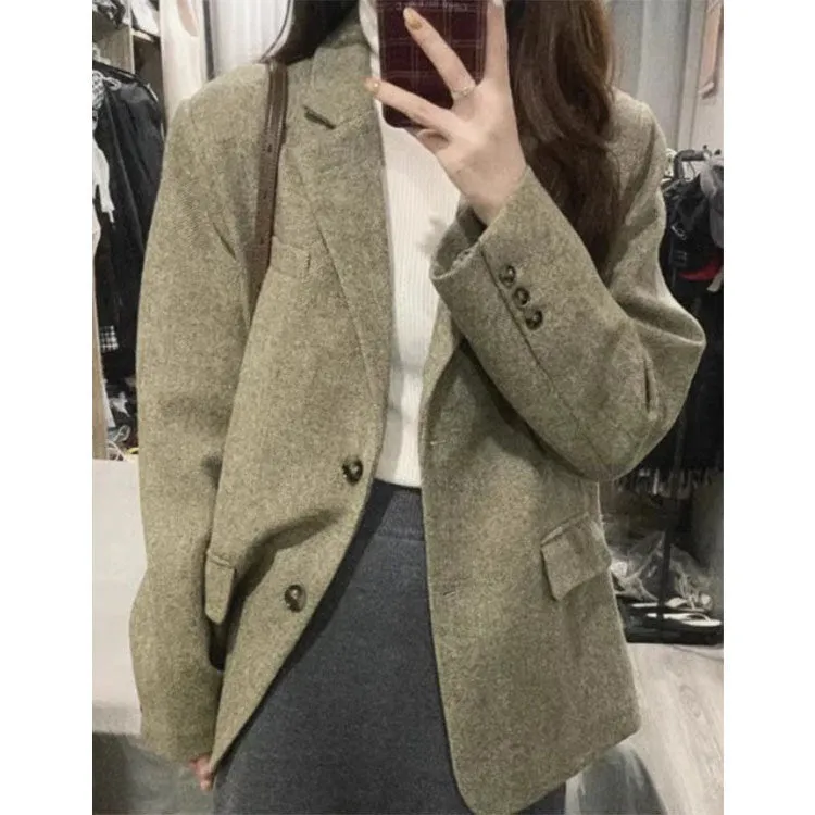 Joskaa frat boy outfits Vintage Wool Variegated Woolen Suit Coat Coat Autumn and Winter Korean Style High-Grade Quilted Loose Suit