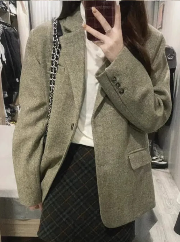 Joskaa frat boy outfits Vintage Wool Variegated Woolen Suit Coat Coat Autumn and Winter Korean Style High-Grade Quilted Loose Suit