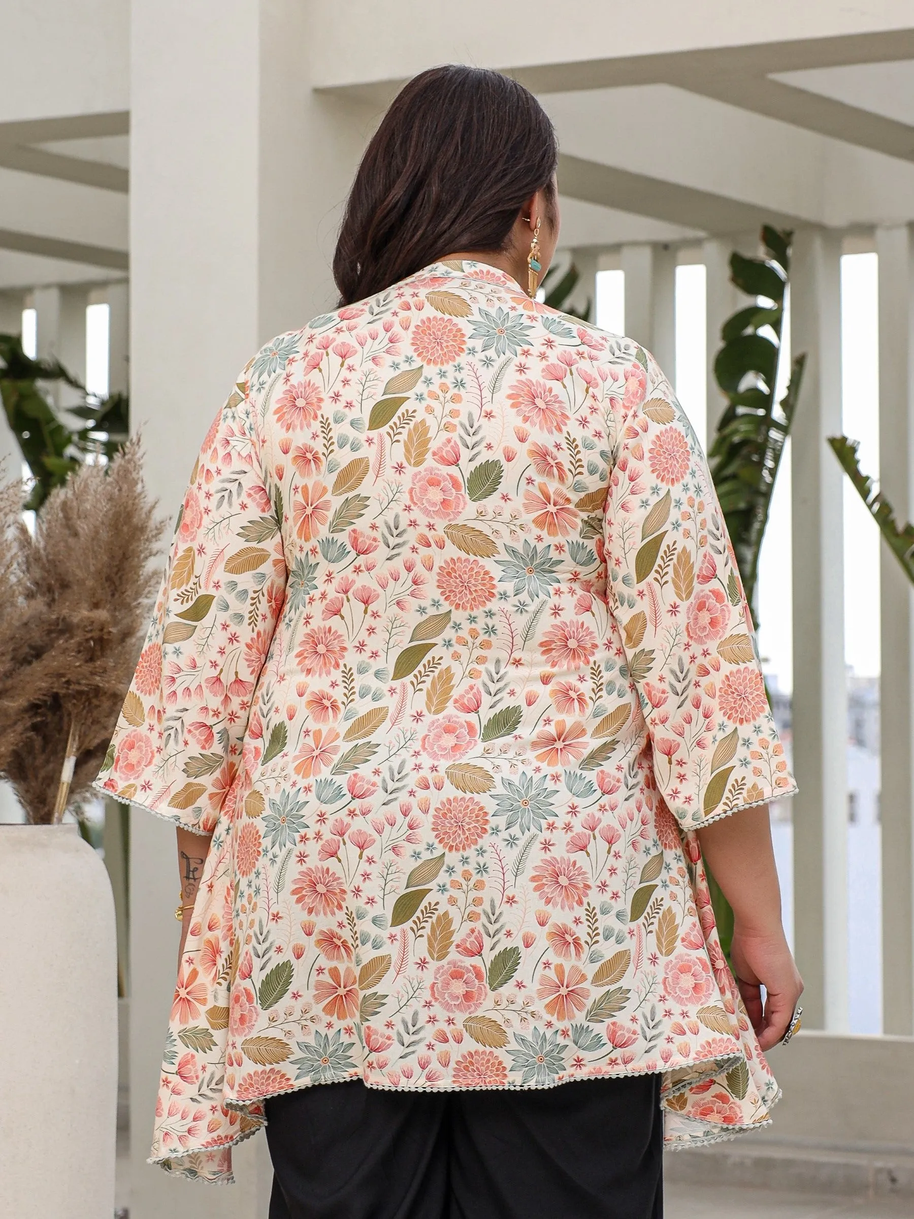 Juniper Ivory Floral Printed Rayon High-Low Plus Size Tunic With Lace