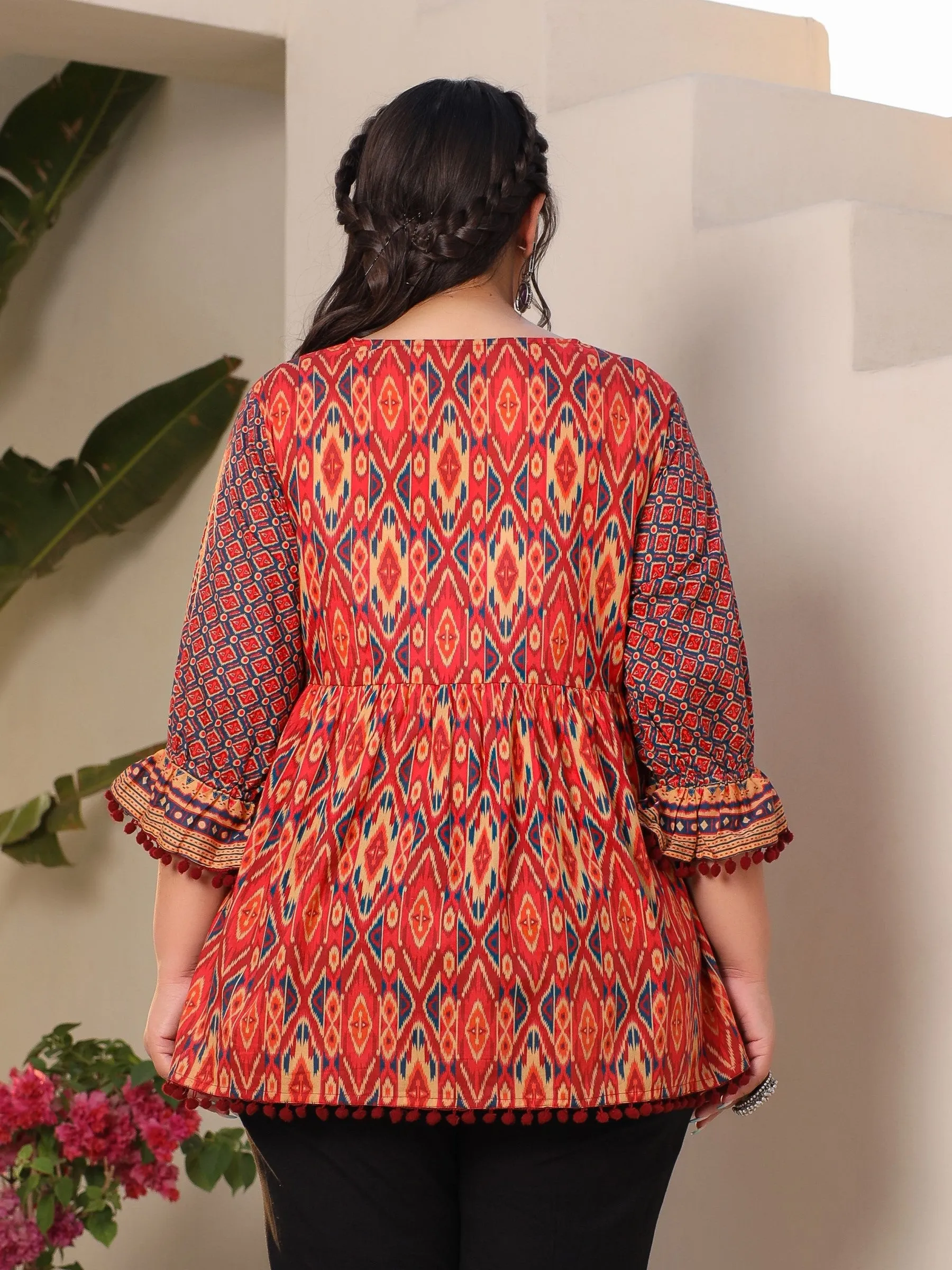 Juniper Orange Ikat Printed Peplum Cotton Plus Size Tunic With Mirror Work & Lace