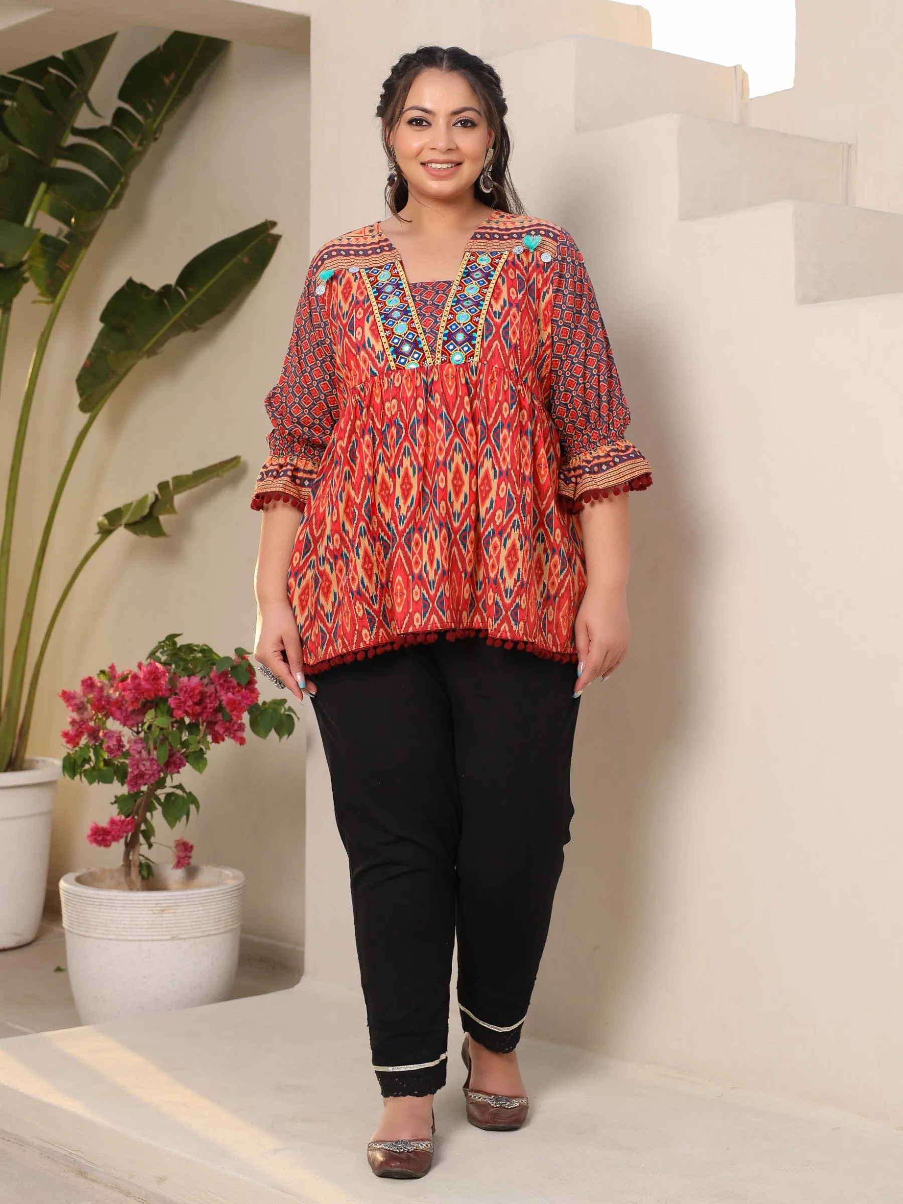 Juniper Orange Ikat Printed Peplum Cotton Plus Size Tunic With Mirror Work & Lace