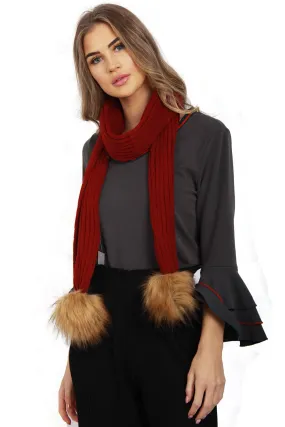 Knitted Faux Fox Fur Pom Pom Scarf