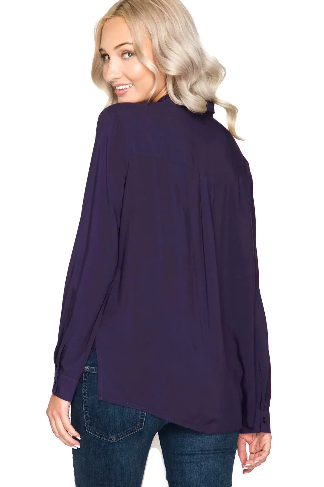 Lace Up Shirt With Pockets, Purple