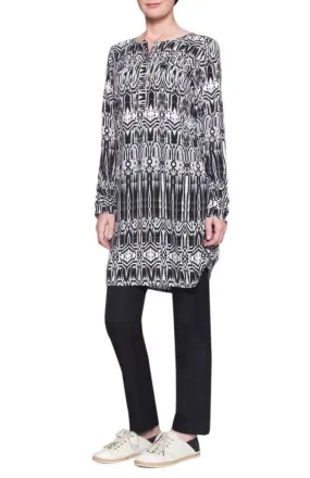 Leslie Roll Hem Ikat Print Long Tunic  - Black/White- Final Sale