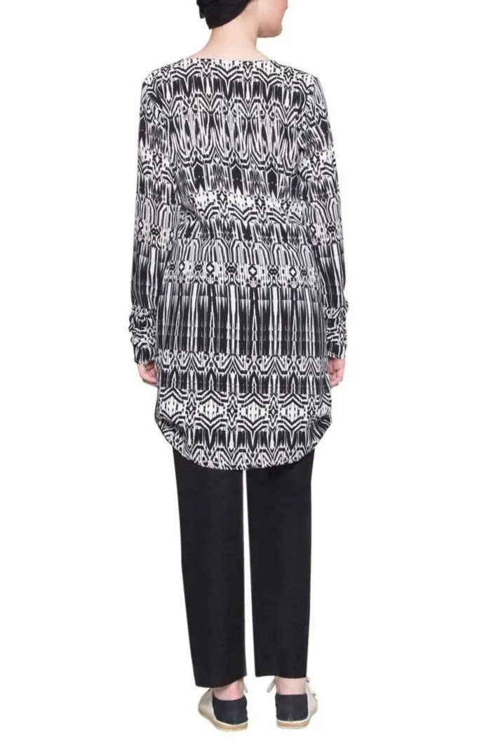 Leslie Roll Hem Ikat Print Long Tunic  - Black/White- Final Sale