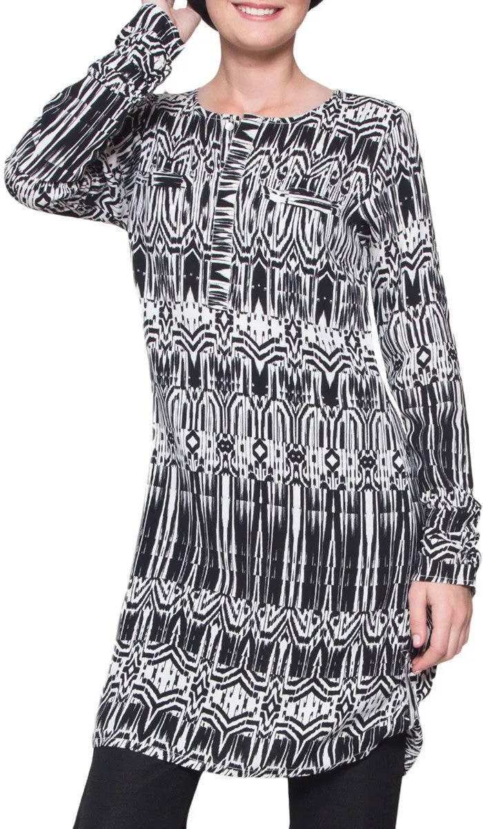 Leslie Roll Hem Ikat Print Long Tunic  - Black/White- Final Sale