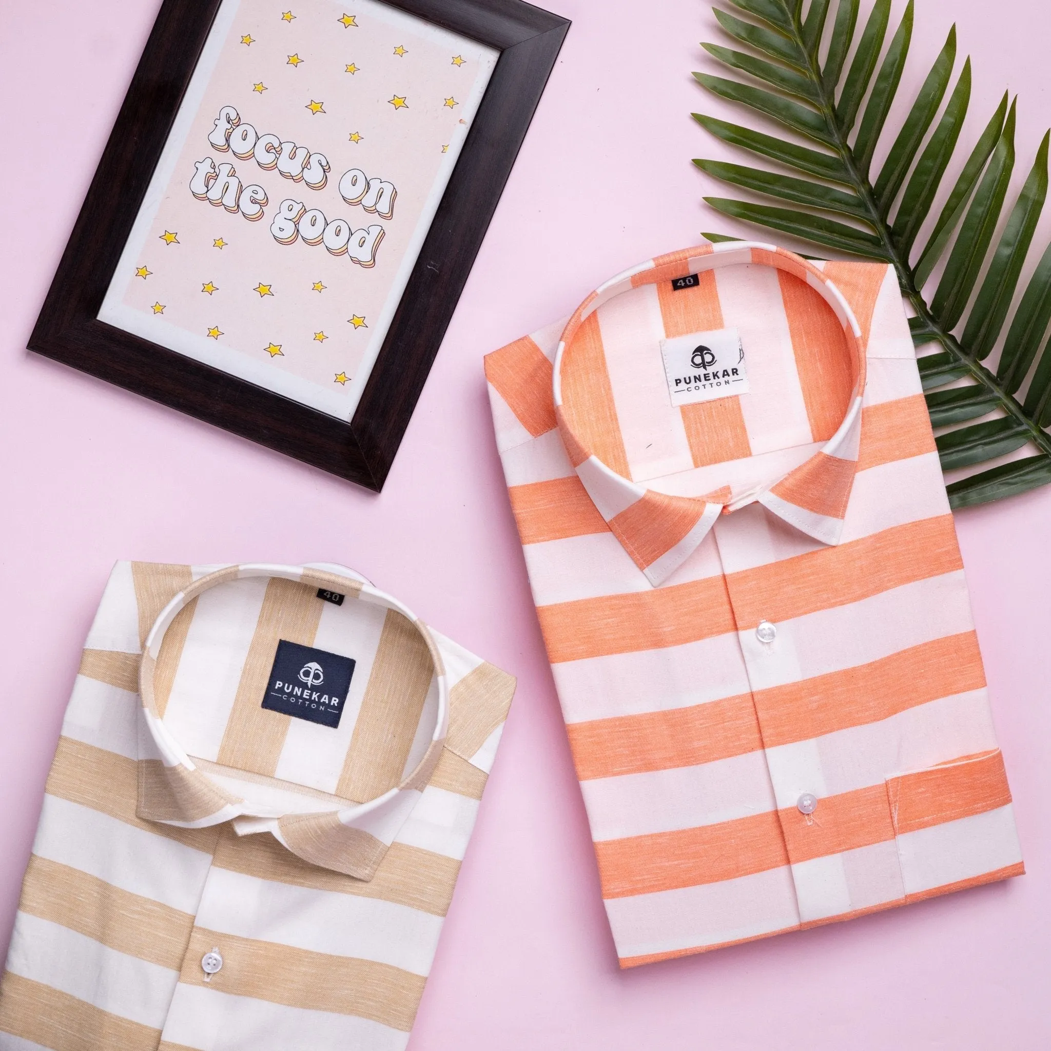 Light Tan Color Cotton Stripe Shirt For Men