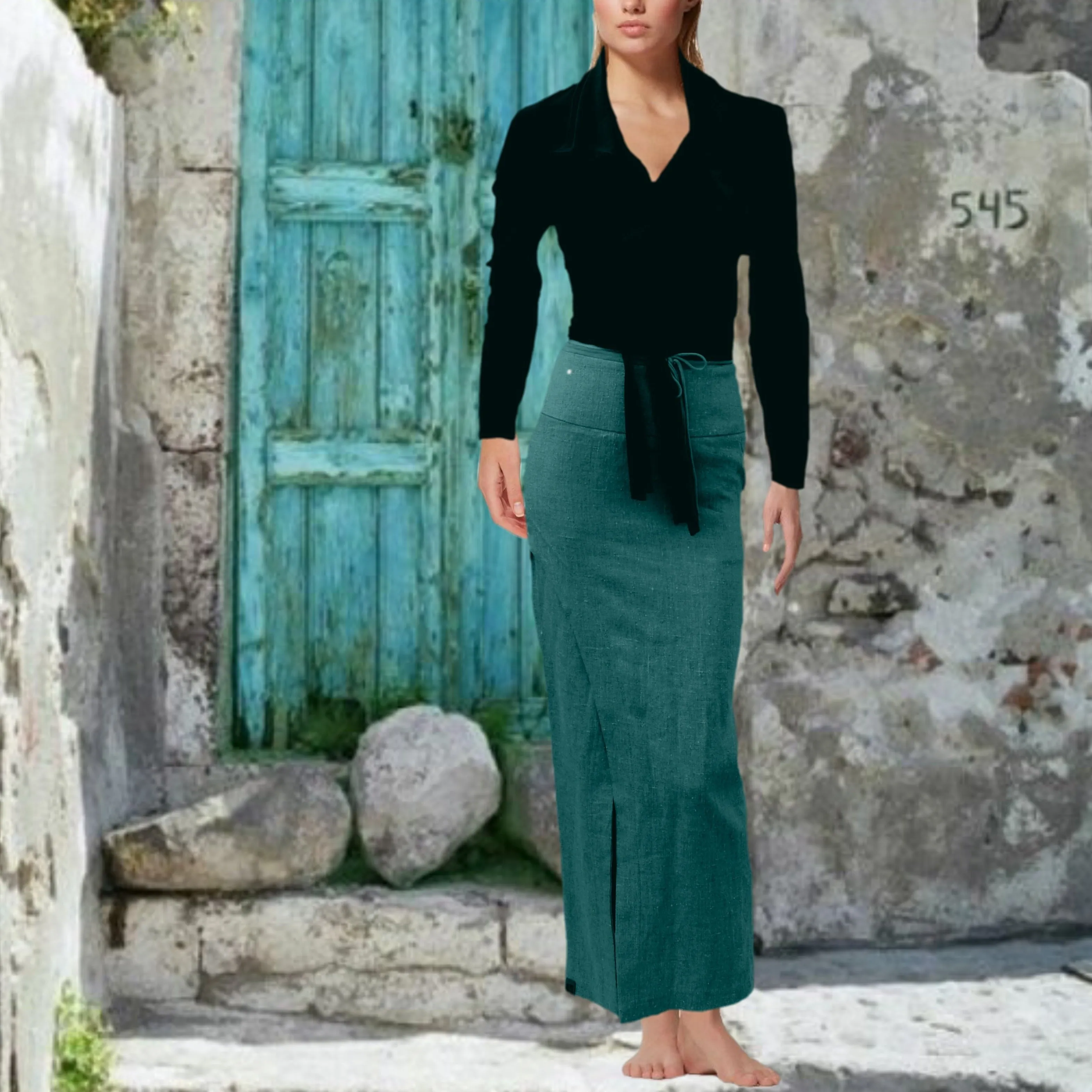 Linnen maxi kokerrok met lange loopsplit / Linen maxi pencil skirt with slit