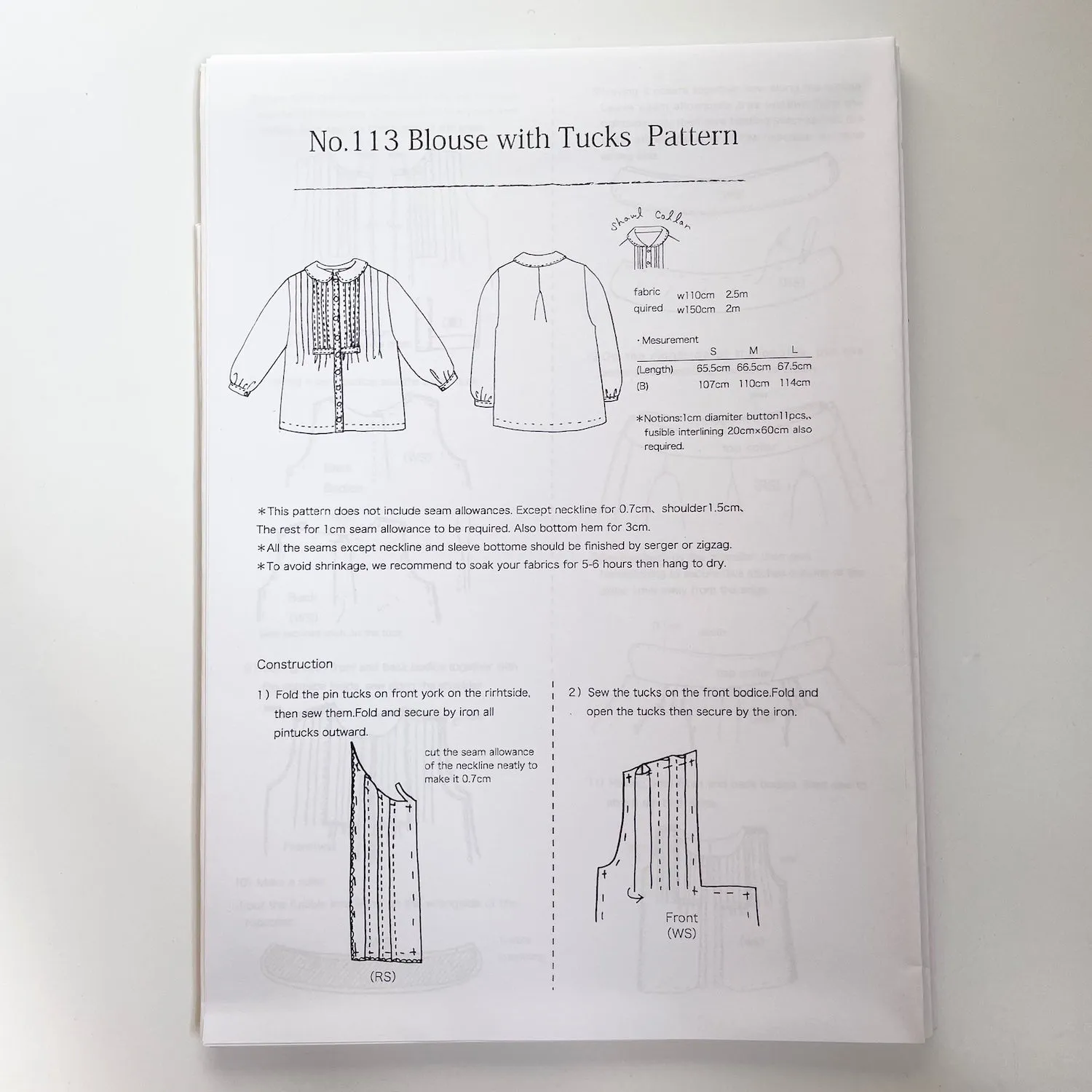 Linnet Pattern No. 113 : Blouse with Tucks & Shawl Collar