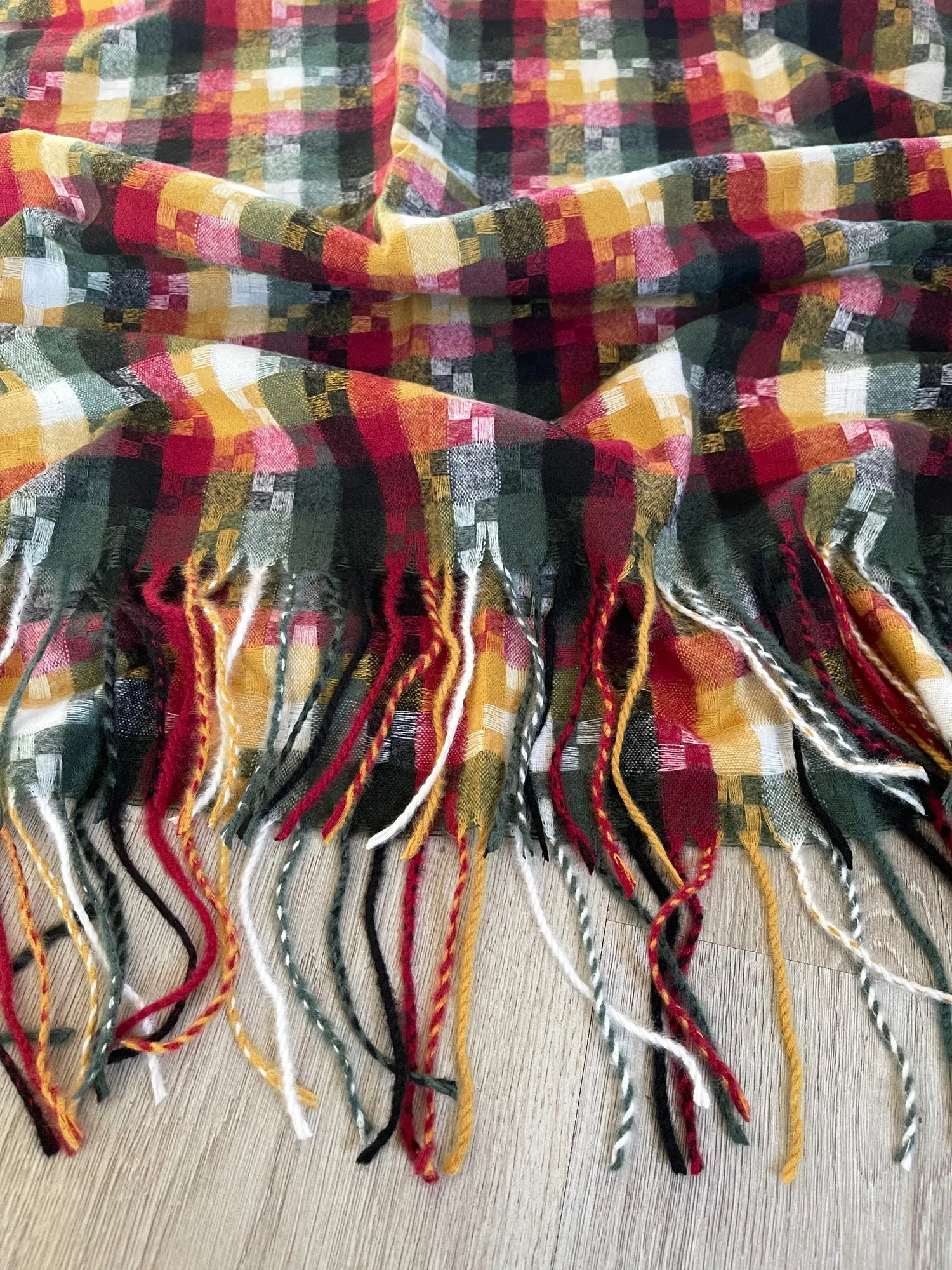 LONG BLACK MULTICOLOUR WOOL MIX CHECKED TARTAN SCARF