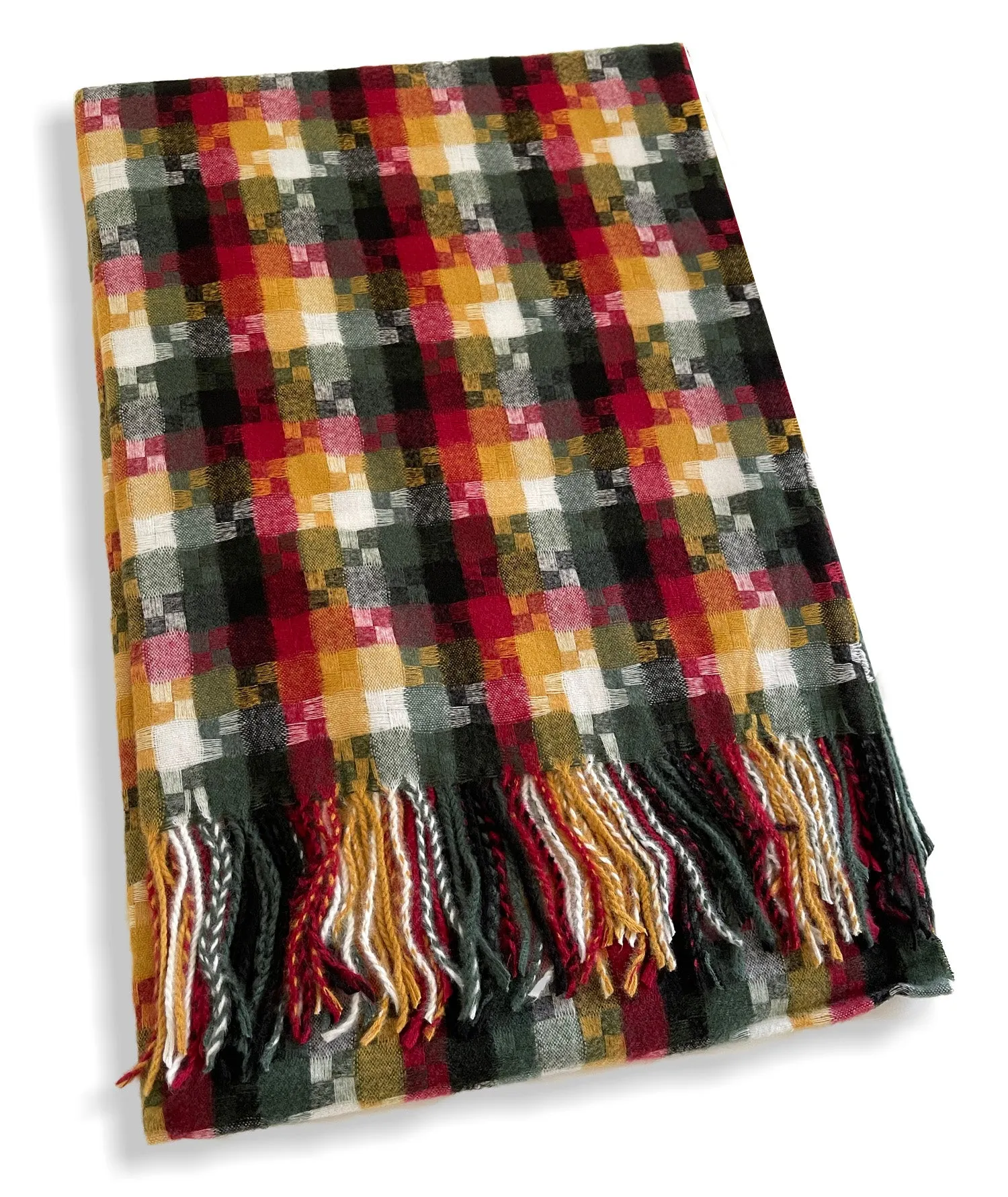 LONG BLACK MULTICOLOUR WOOL MIX CHECKED TARTAN SCARF