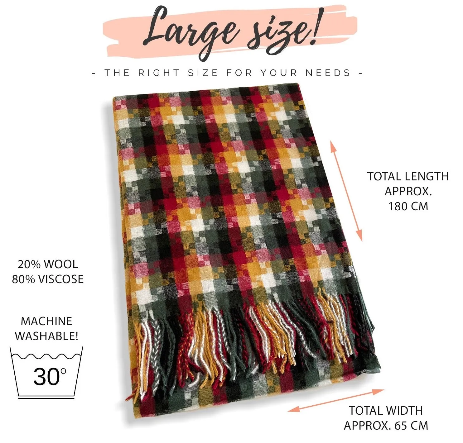 LONG BLACK MULTICOLOUR WOOL MIX CHECKED TARTAN SCARF