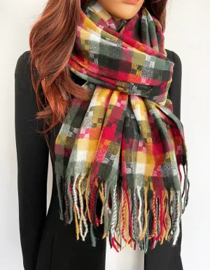 LONG BLACK MULTICOLOUR WOOL MIX CHECKED TARTAN SCARF