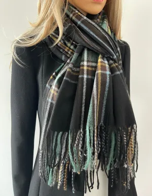 LONG BLACK WOOL MIX CHECKED TARTAN SCARF