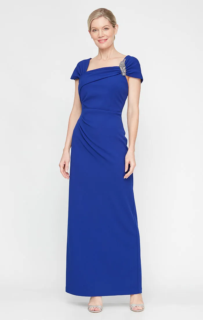 Long Cap Sleeve Crepe Dress With Embellished Asymmetric Neckline