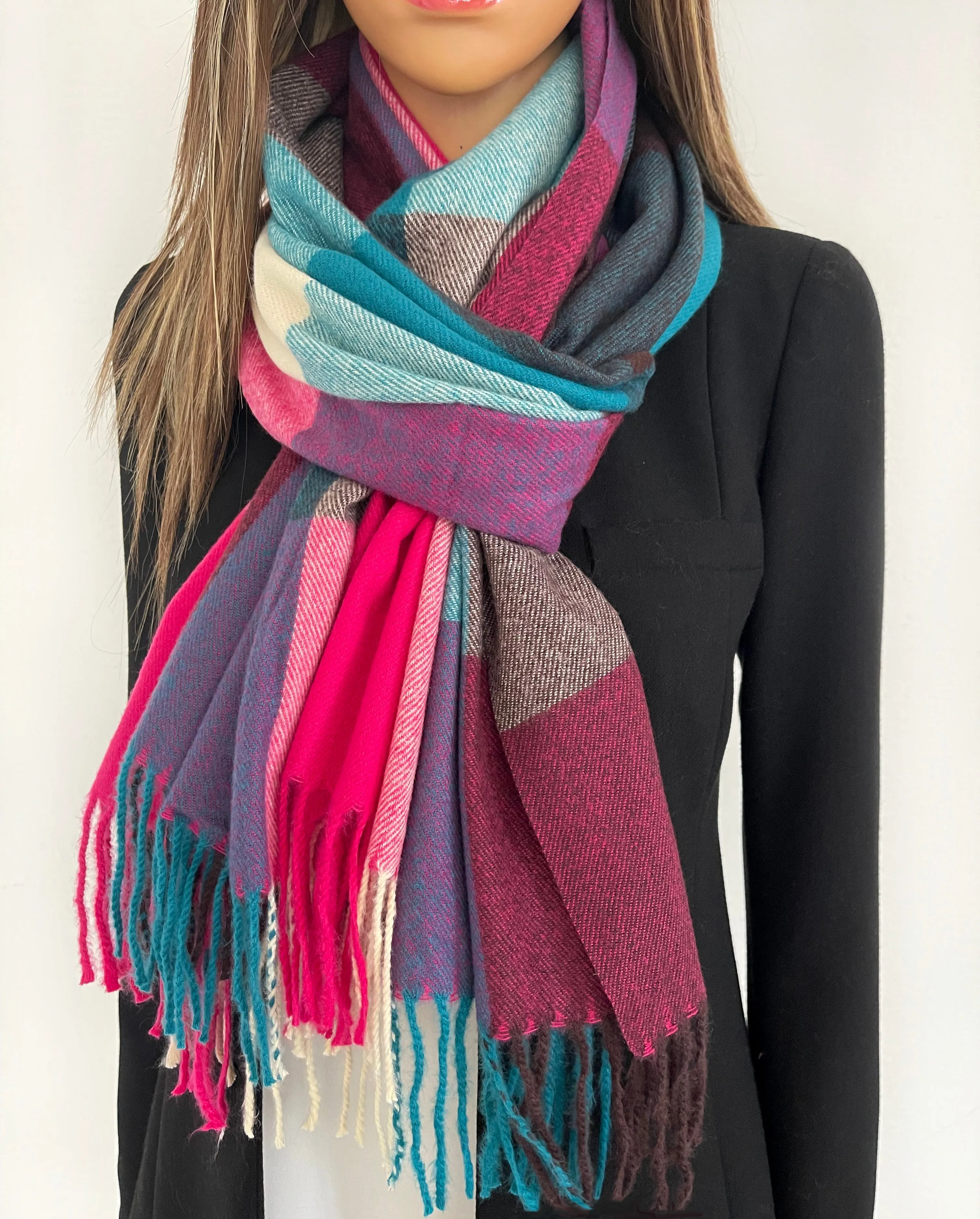 LONG FUCHSIA TEAL WOOL MIX CHECKED TARTAN SCARF