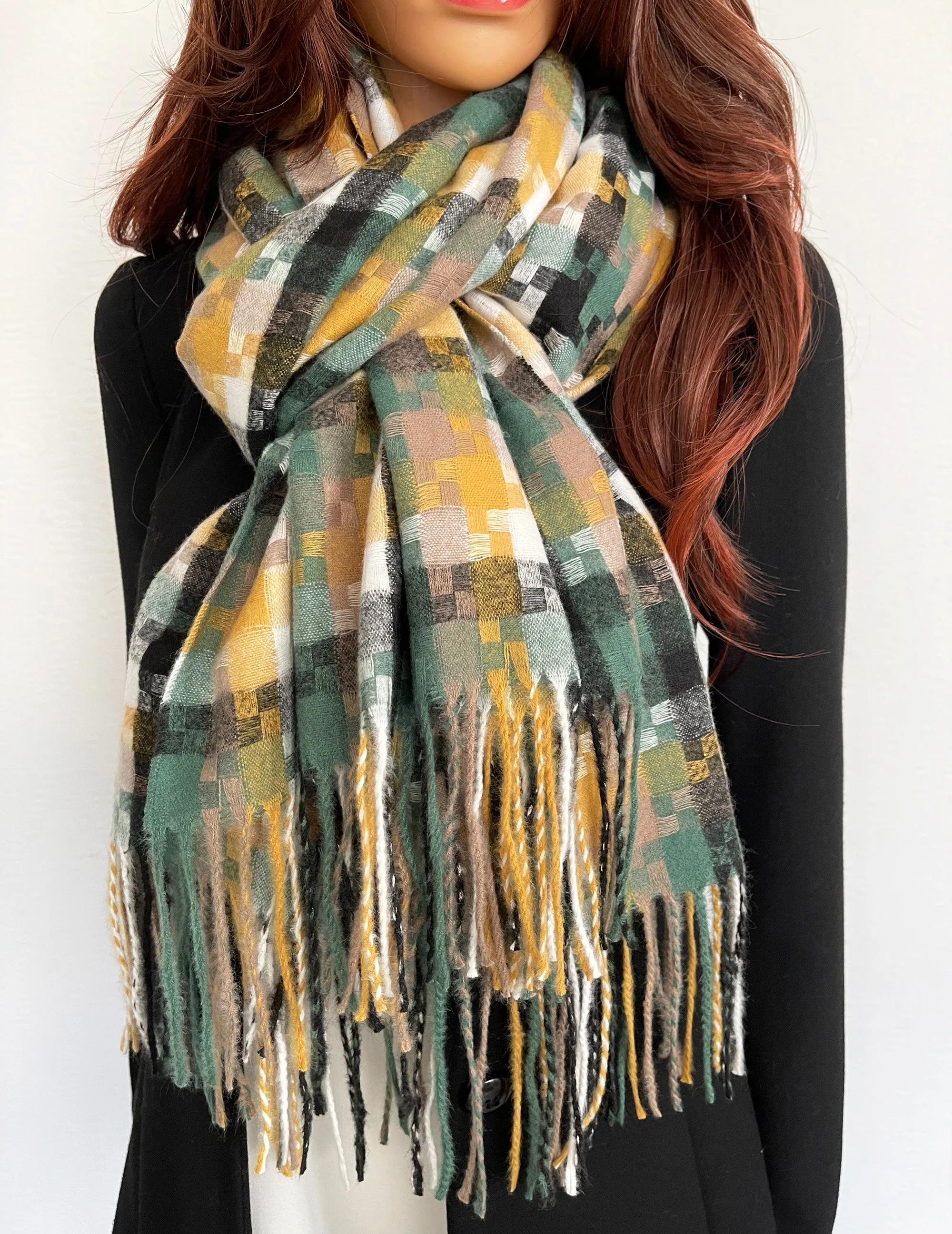 LONG GREEN MULTICOLOUR WOOL MIX CHECKED TARTAN SCARF