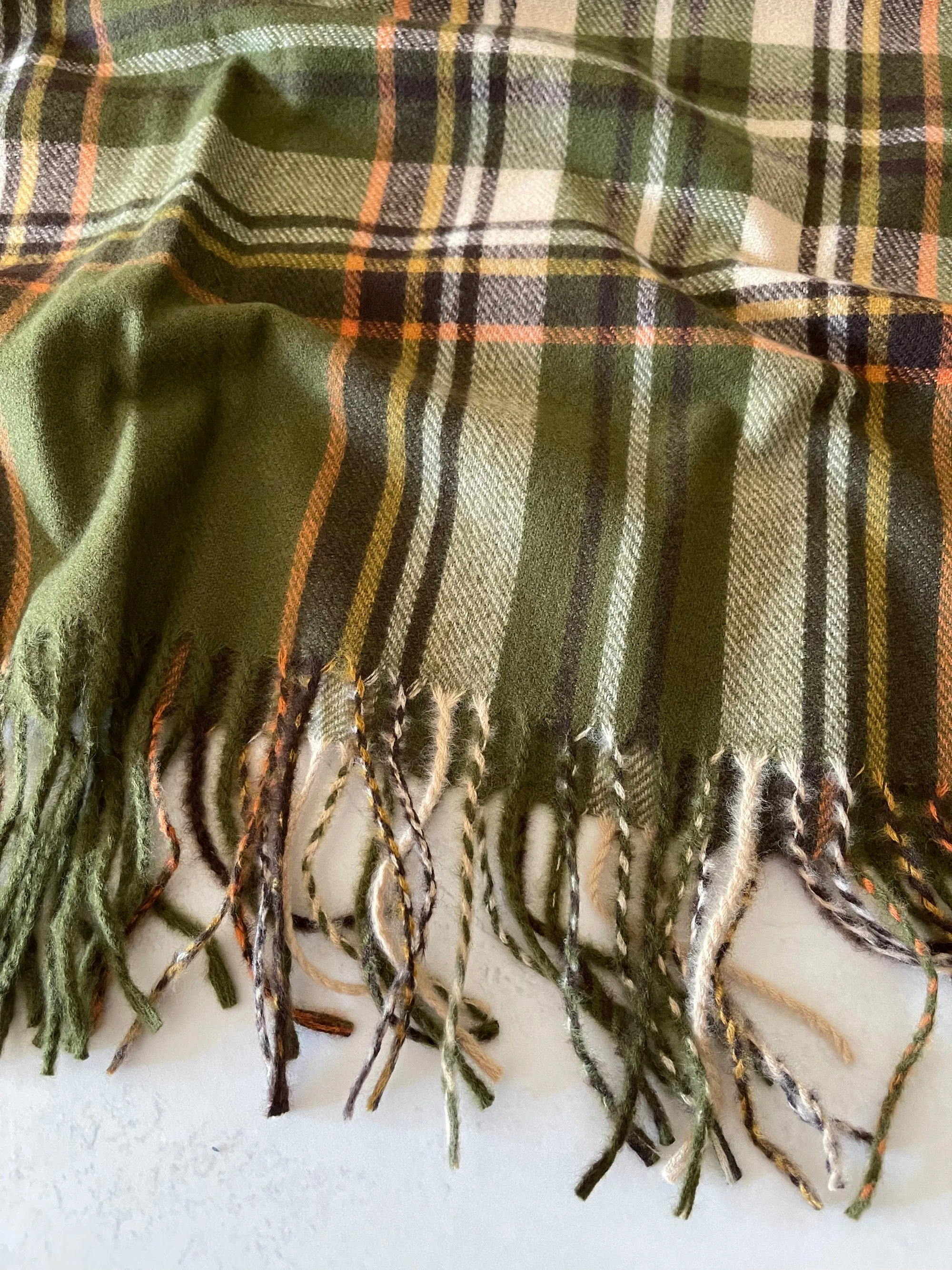 LONG GREEN WOOL MIX CHECKED TARTAN SCARF