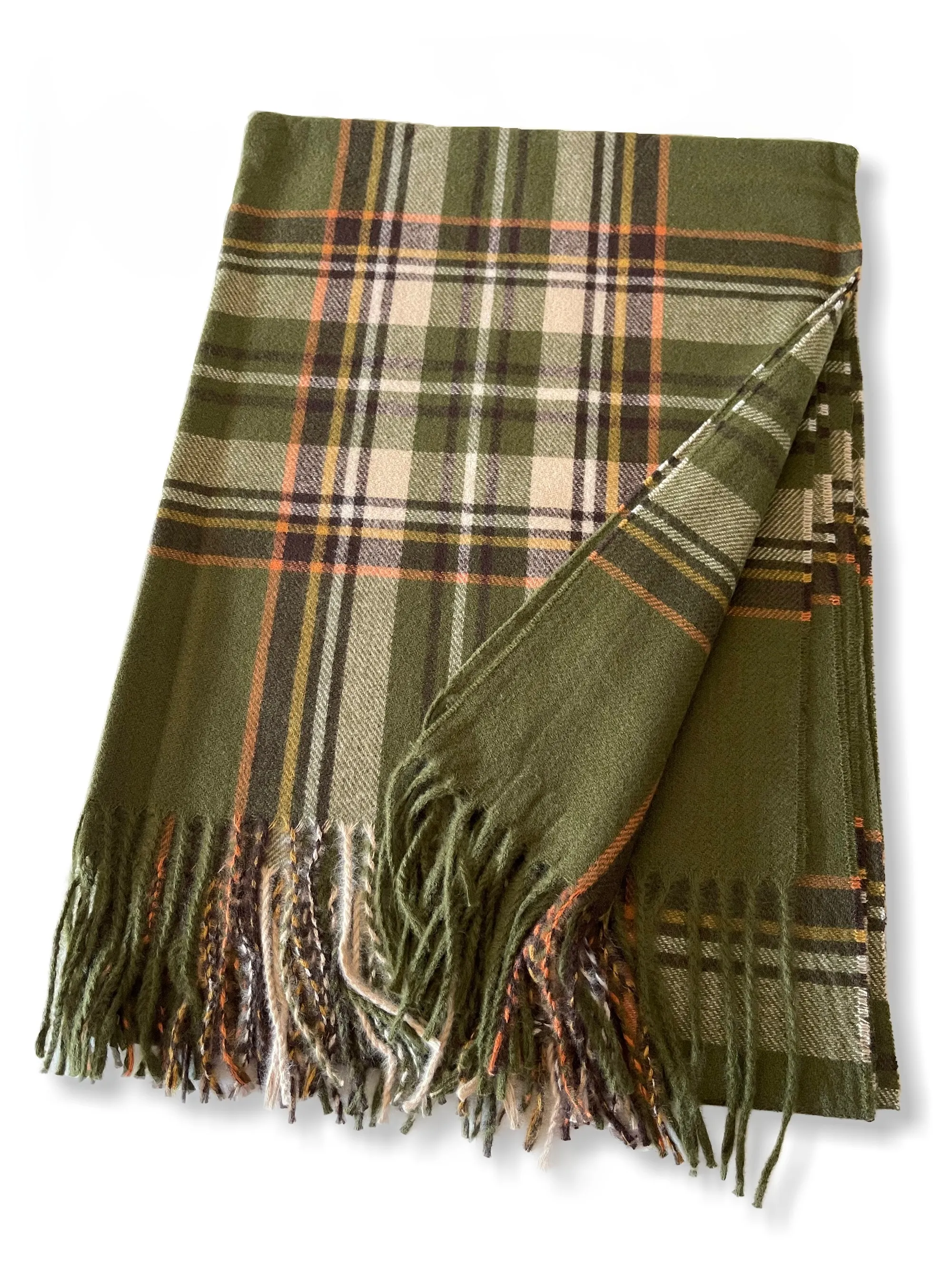 LONG GREEN WOOL MIX CHECKED TARTAN SCARF