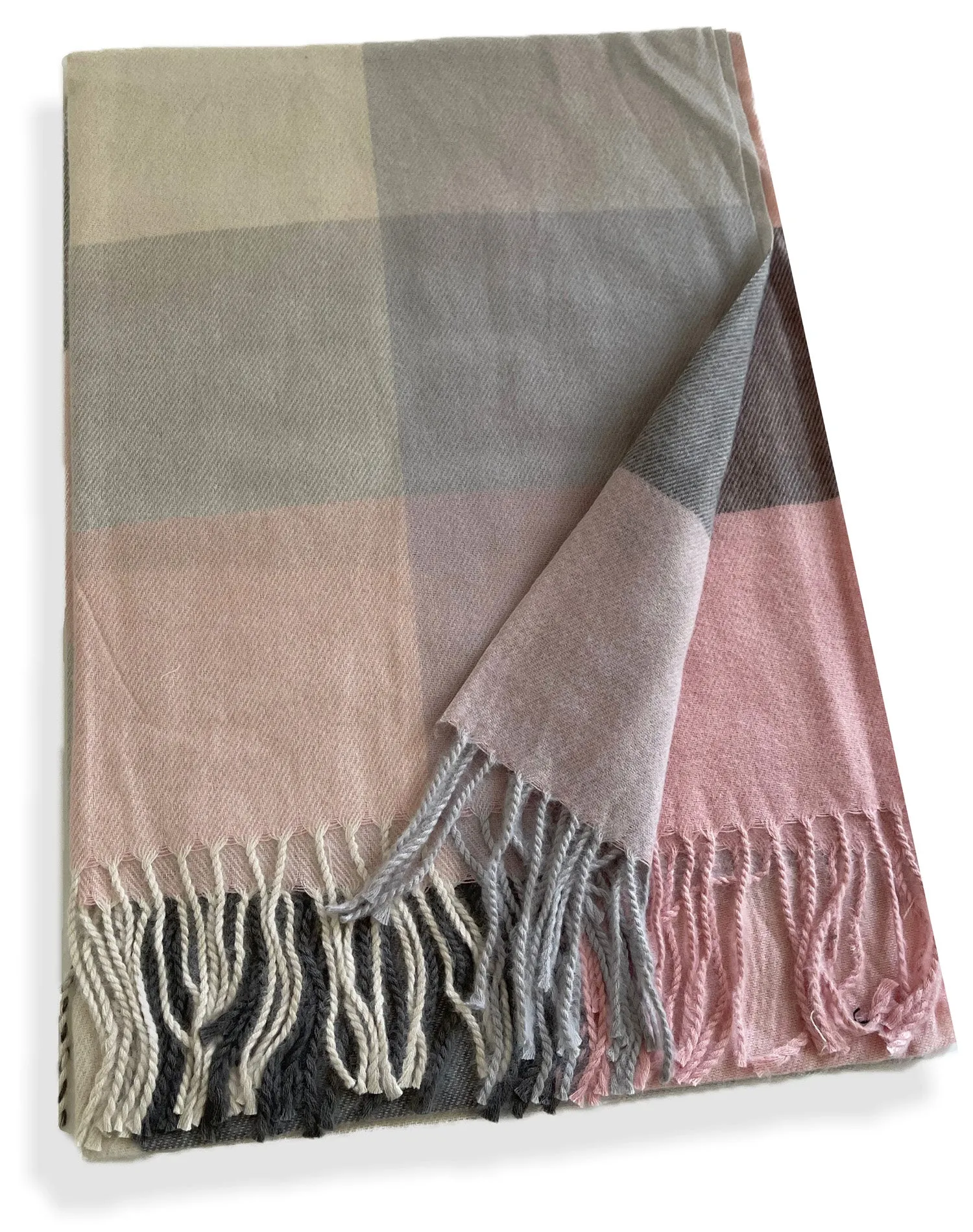 LONG LIGHT BLUSH PINK WOOL MIX CHECKED TARTAN SCARF