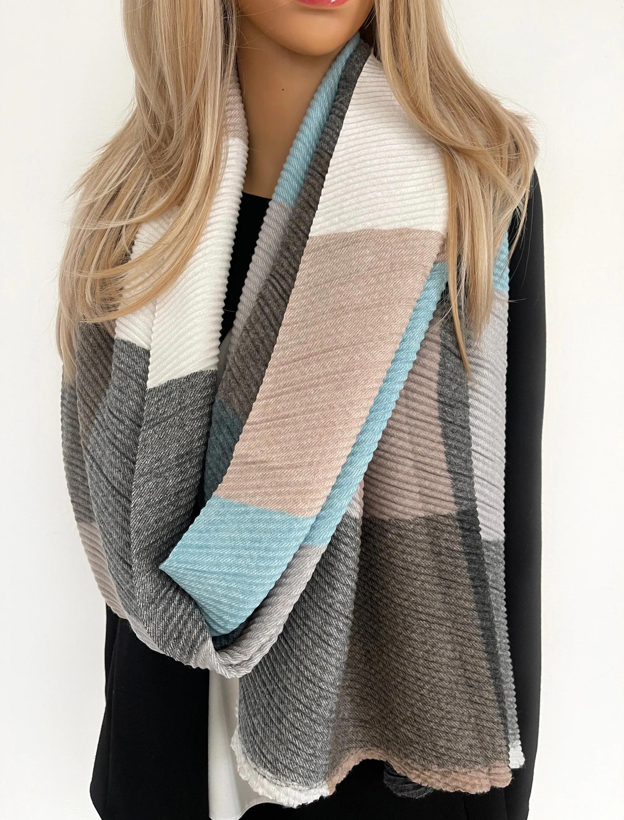 LONG MOCHA CRINKLE MULTICOLOUR WOOL MIX COLOUR BLOCK CHECK SCARF