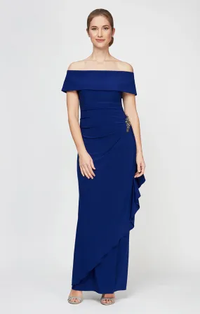 Long Off-the-Shoulder Matte Jersey Dress with Foldover Cuff, Embellishment Detail at Hip and Cascade Ruffle Skirt