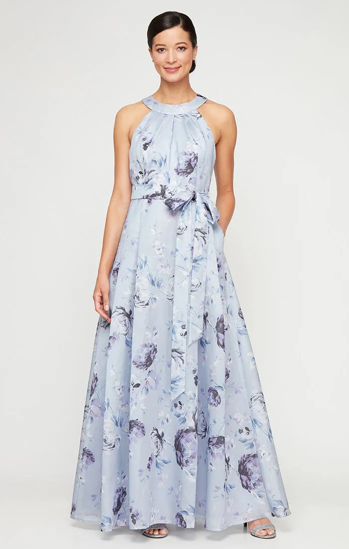 Long Printed Shimmer Organza Dress with Halter Neckline, Full Skirt and Tie Belt