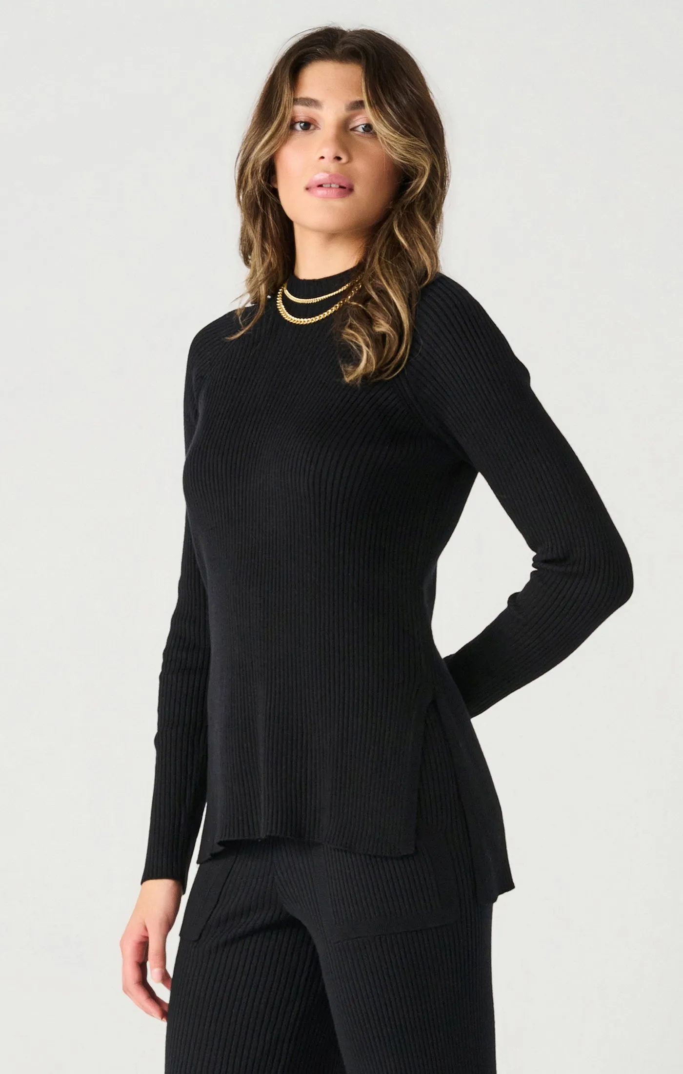 Ls Mock Neck Ribbed Tunic Sweater