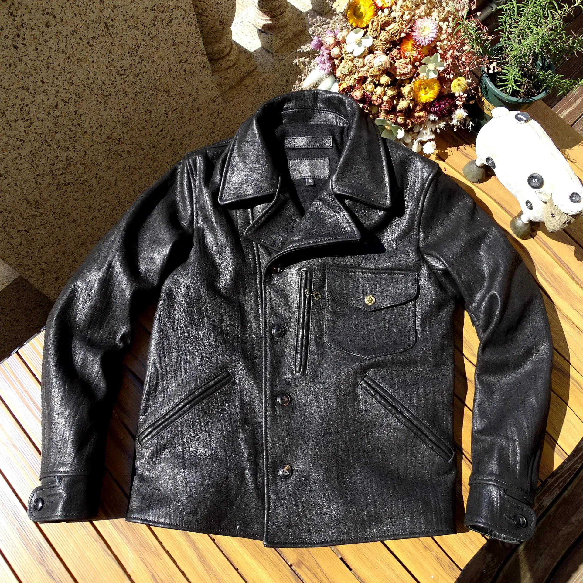 Men's Black Leather Jacket - Thick Heavy Rider Motorcycle Wear