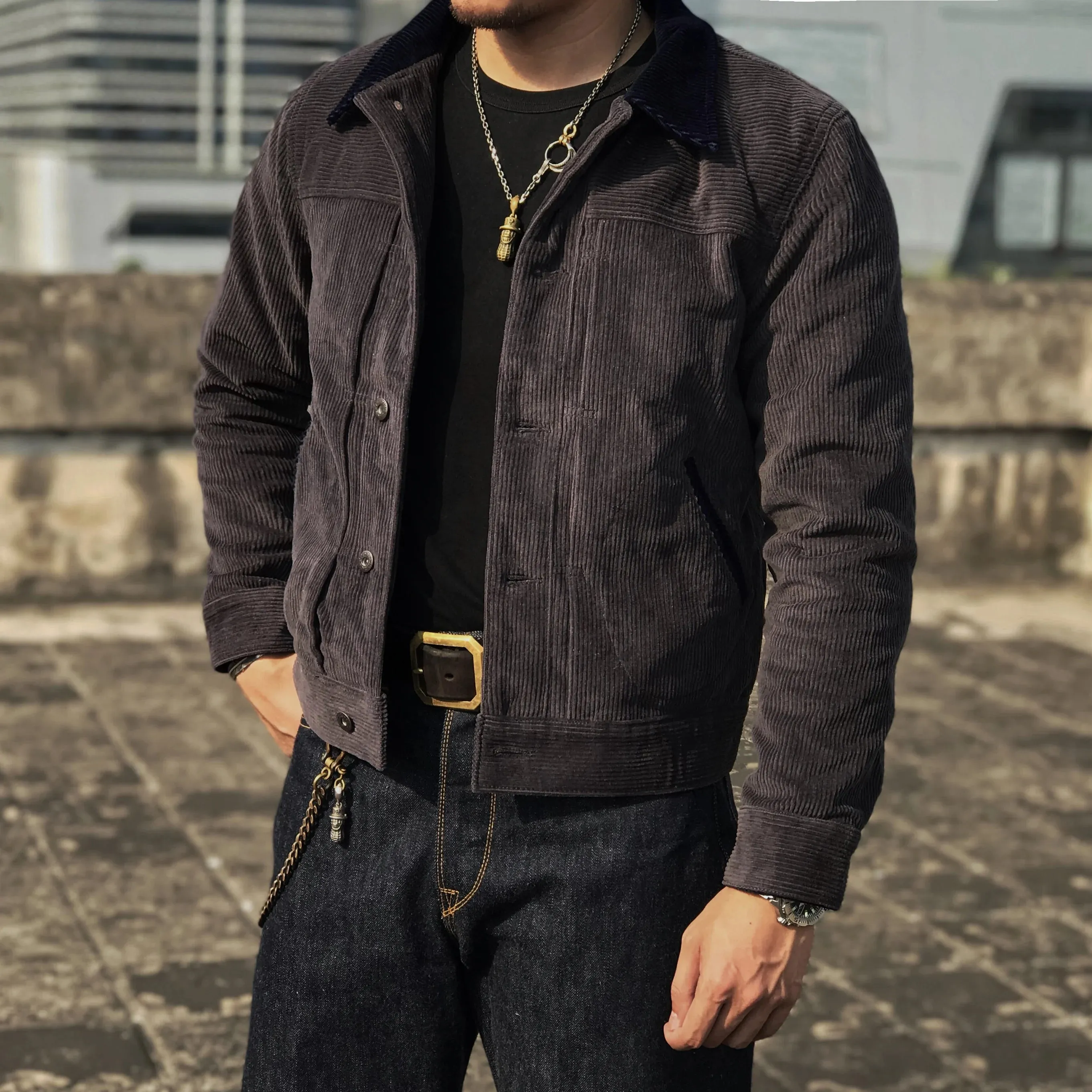 Men's Corduroy Quilted Jacket - Thick Windproof Biker Coat