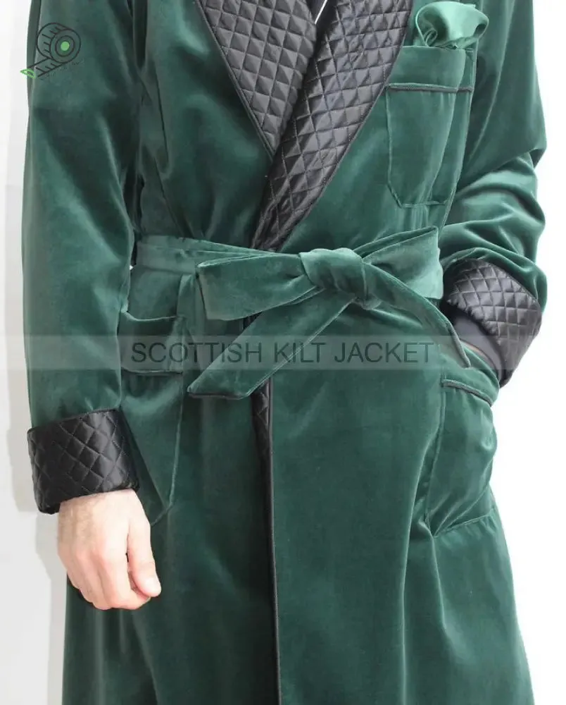 Men's Green Velvet Quilted Dinner Coat Robe for Evening and Dinner