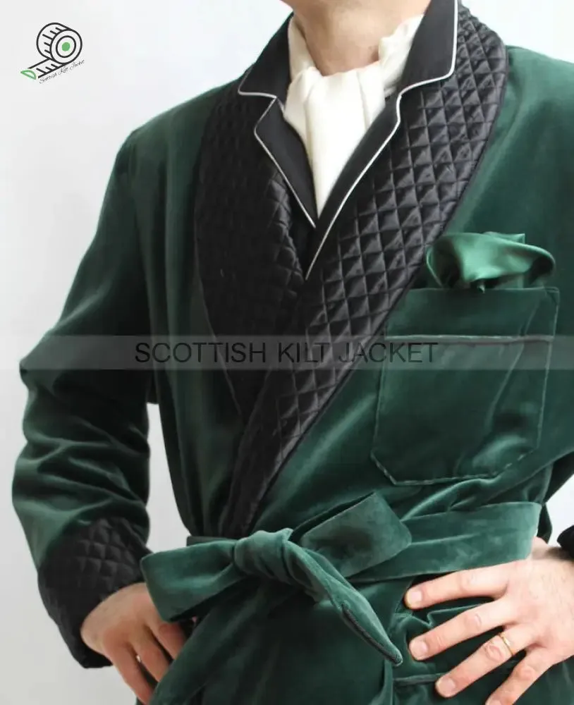 Men's Green Velvet Quilted Dinner Coat Robe for Evening and Dinner