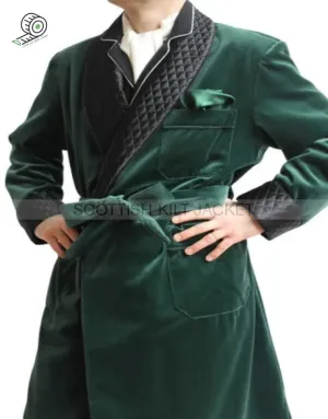 Men's Green Velvet Quilted Dinner Coat Robe for Evening and Dinner