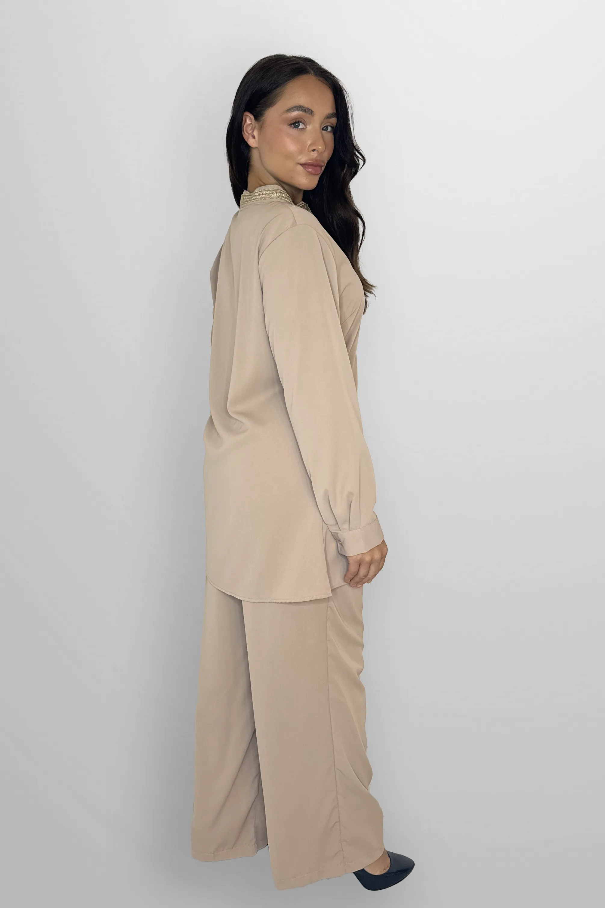 Mock Neck Embroidered V-Cut Neckline Classic Tunic And Wide Leg Traditional Coord Set