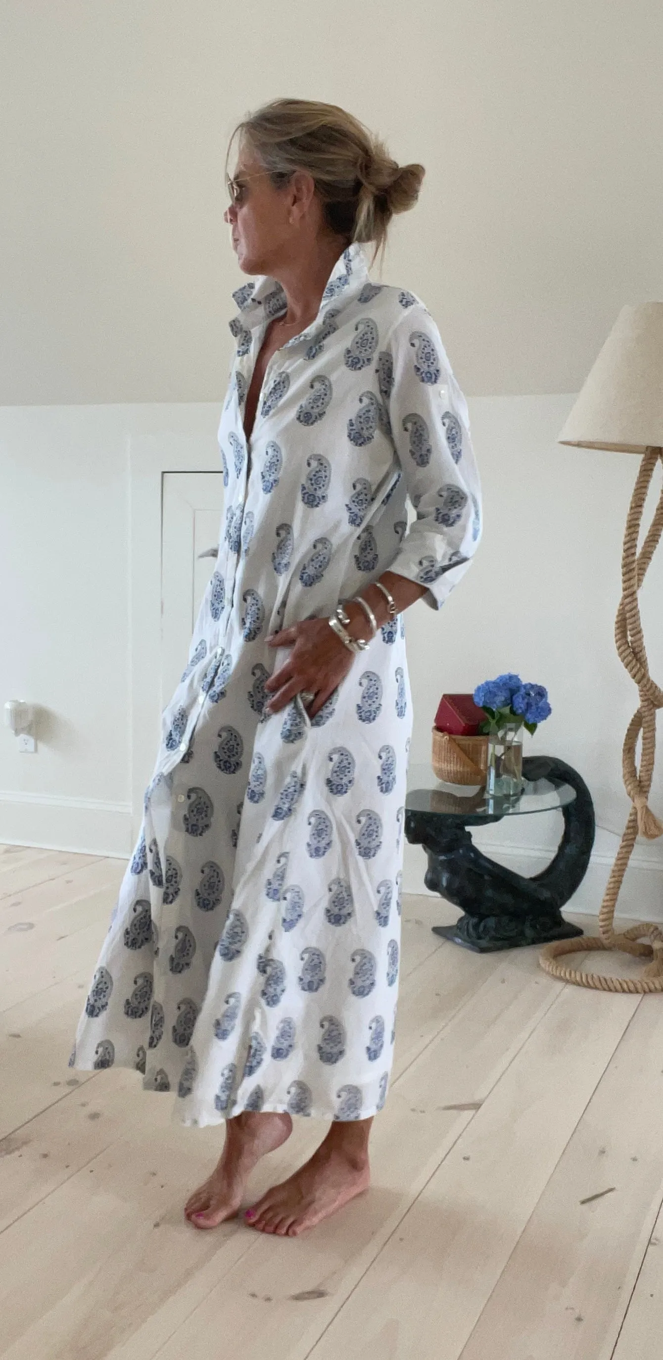 Navy Blue and White Long Tunic Block Print Dress