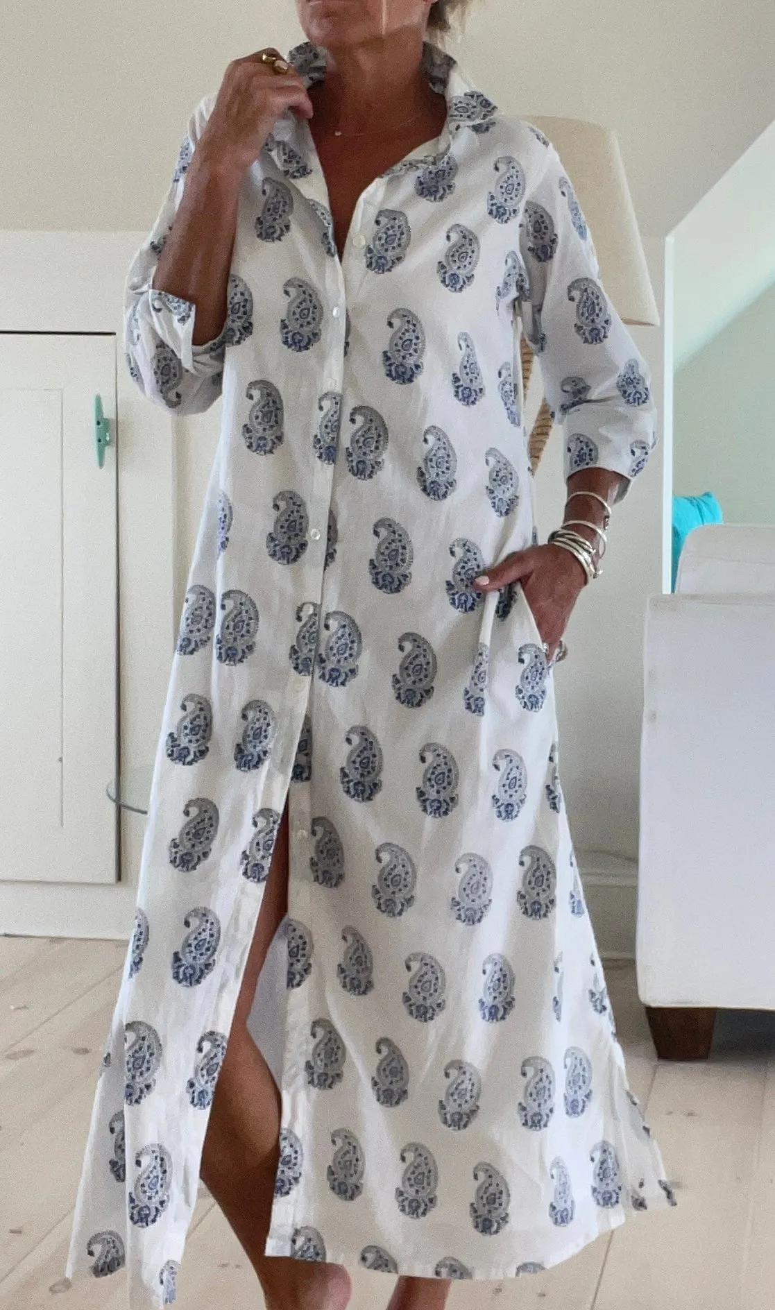 Navy Blue and White Long Tunic Block Print Dress