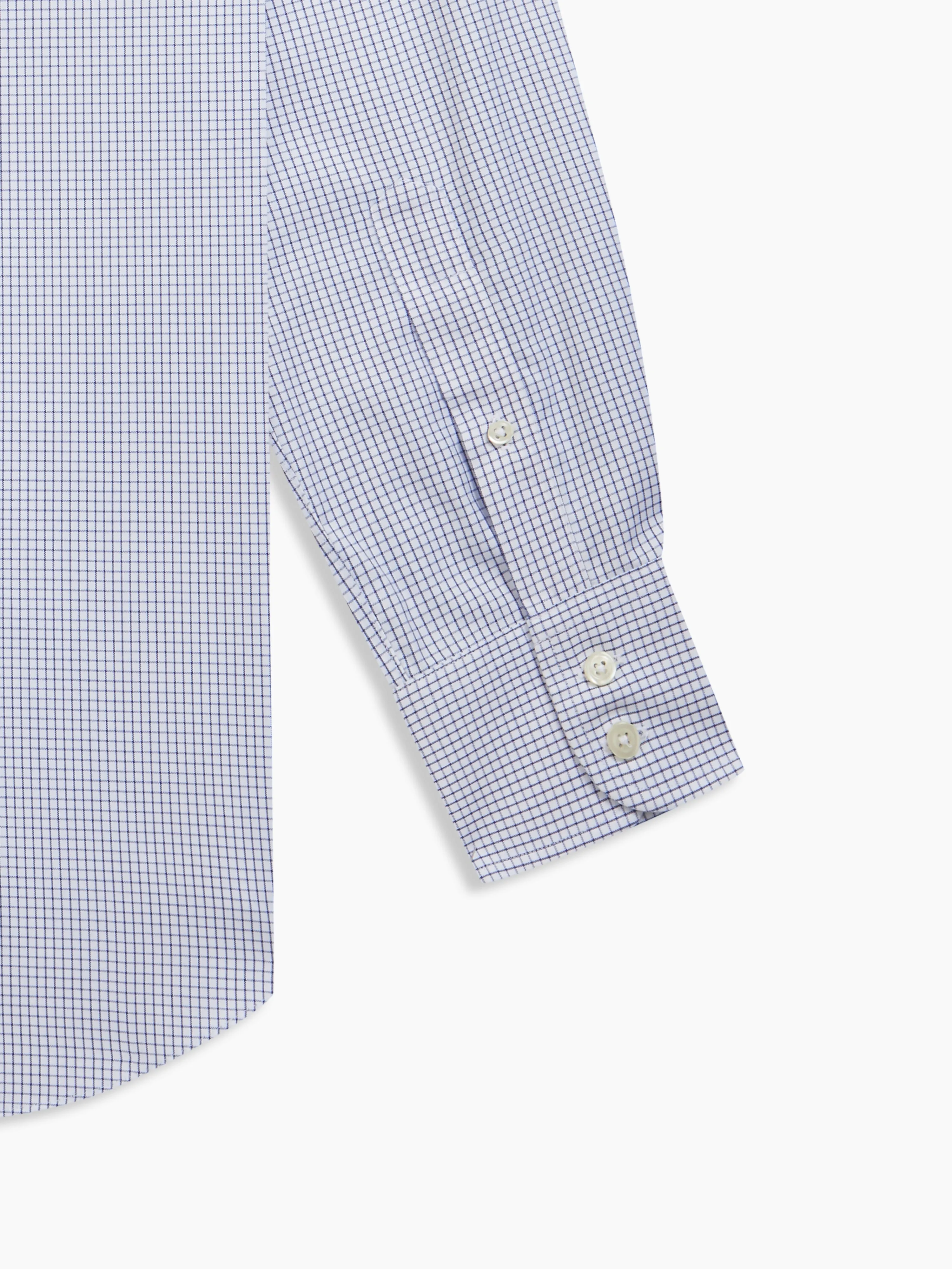 Non-Iron Navy Blue Mini Grid Check Plain Weave Fitted Single Cuff Semi-Cutaway Collar Shirt