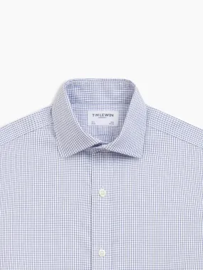 Non-Iron Navy Blue Mini Grid Check Plain Weave Slim Fit Single Cuff Semi-Cutaway Collar Shirt