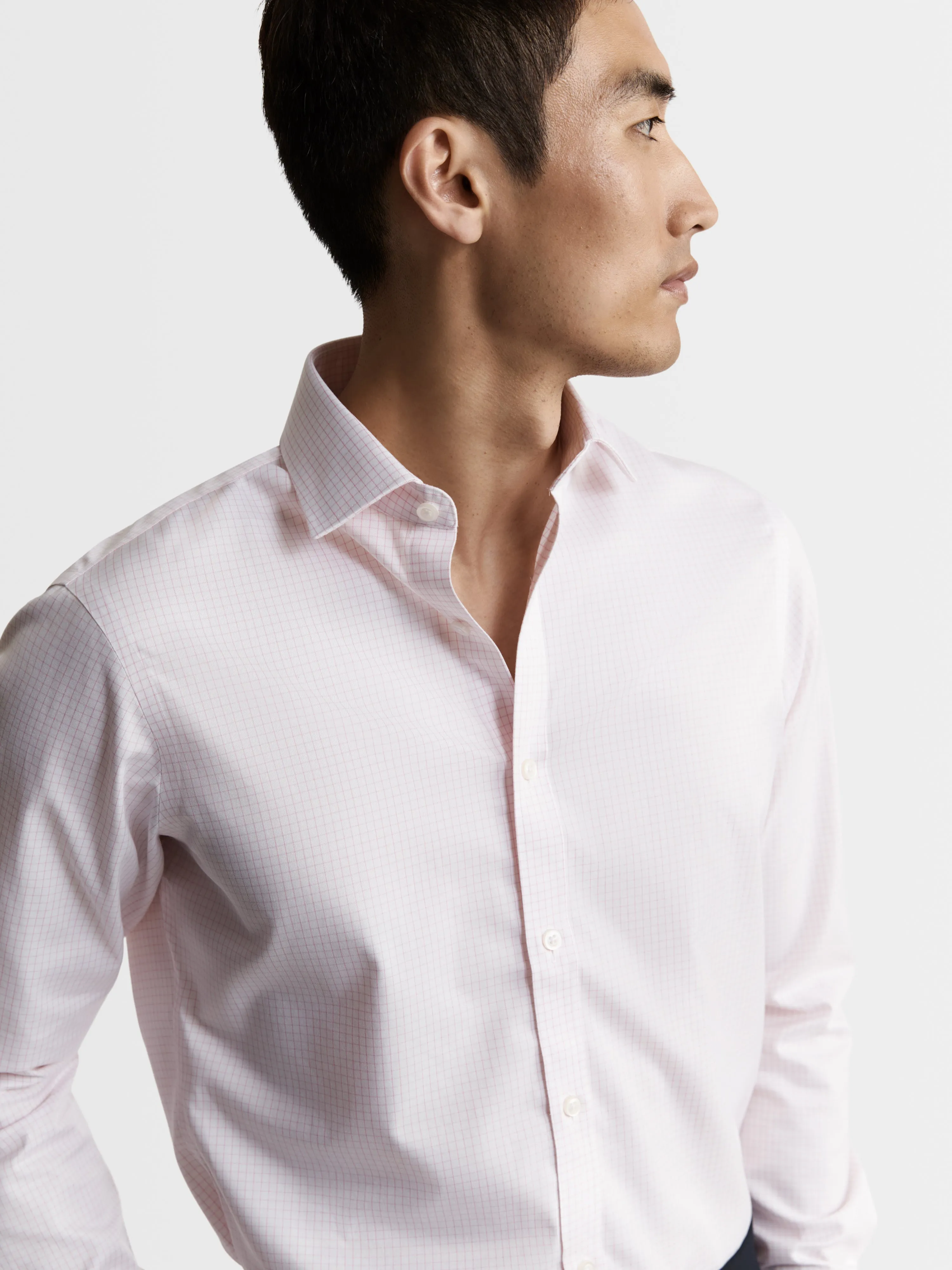 Non-Iron Pink Grid Check Twill Fitted Single Cuff Classic Collar Shirt