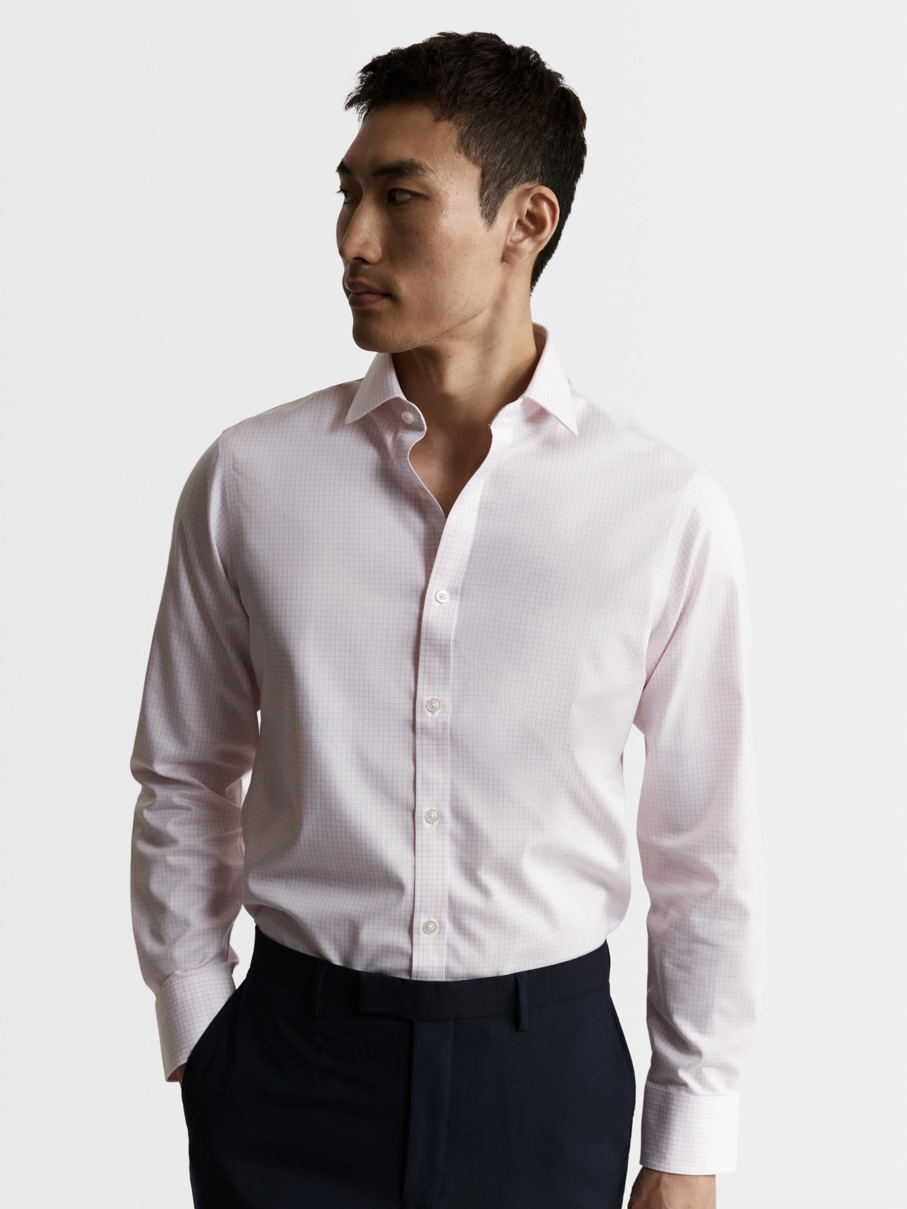 Non-Iron Pink Grid Check Twill Fitted Single Cuff Classic Collar Shirt