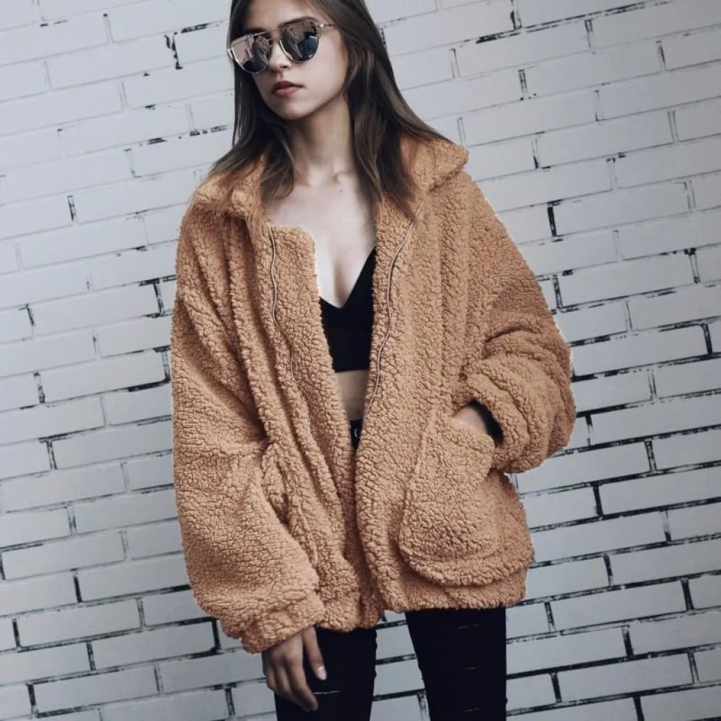 Oversized Teddy Bear Zipup Jacket - Camel