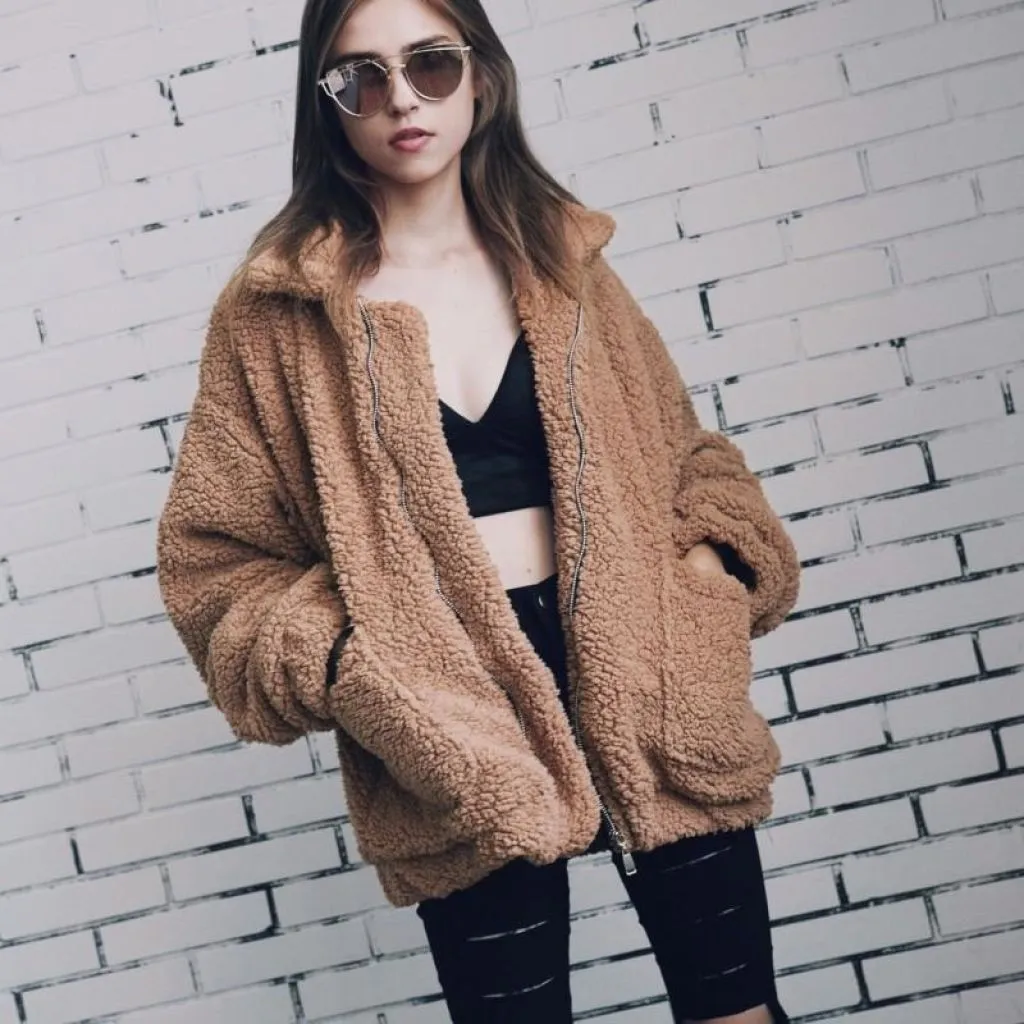 Oversized Teddy Bear Zipup Jacket - Camel