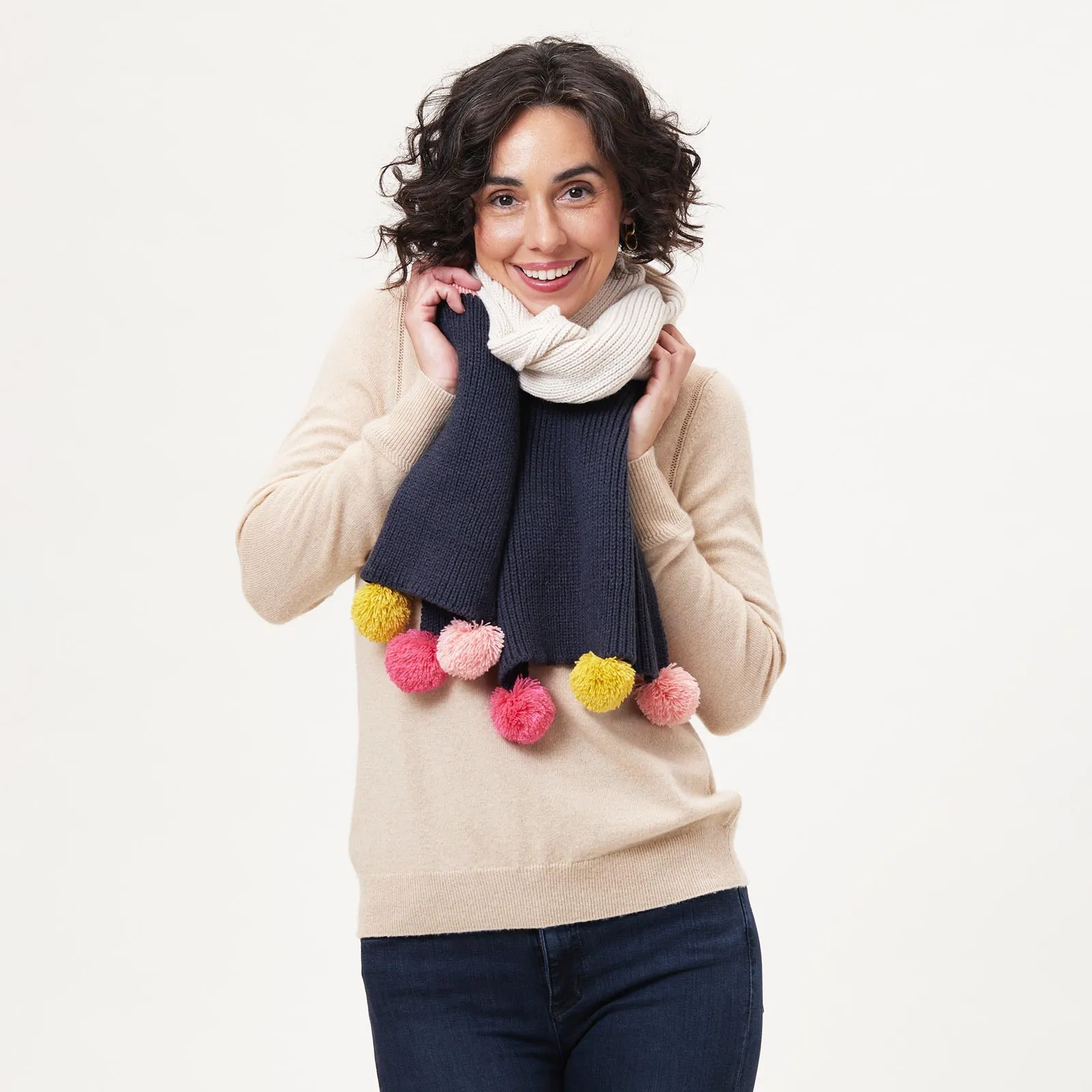 Piccadilly Stripe Navy Pink Knit Pom Pom Scarf