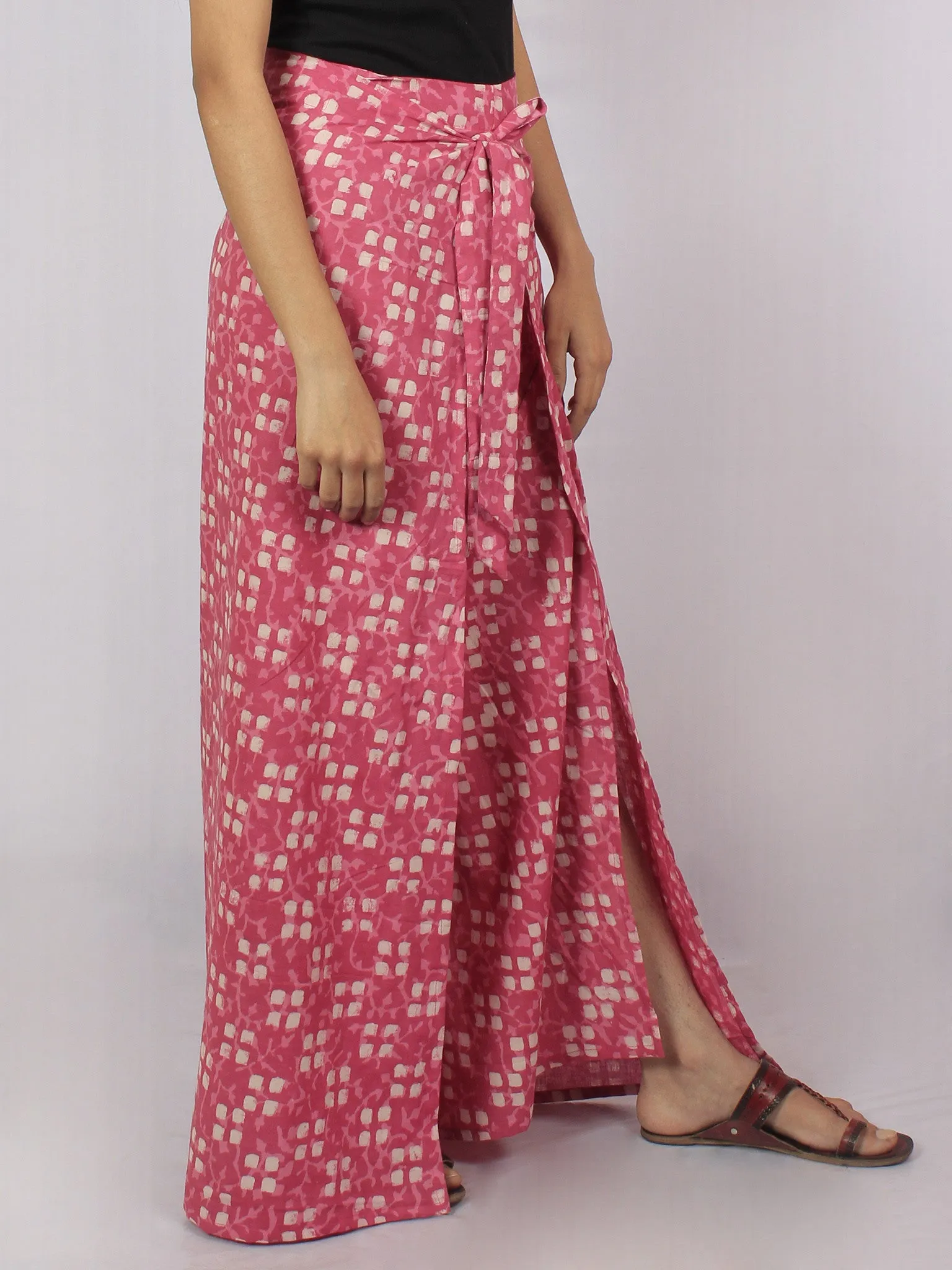 Pink Ivory Hand Block Printed Free Size Tie Up Wrap Around Trousers - T0317041