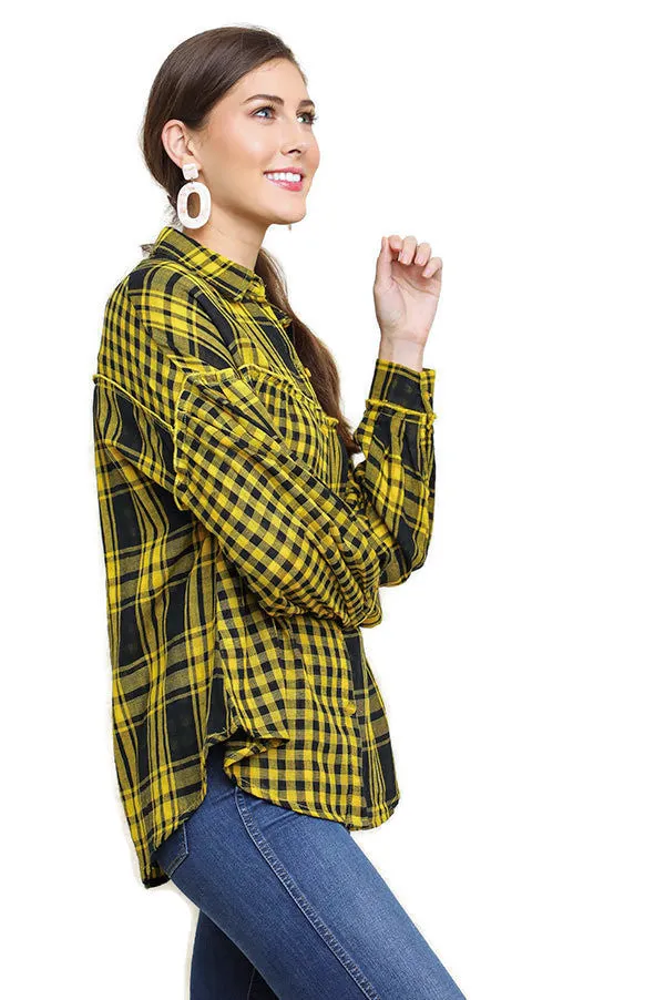 Plaid & Checkered Button Up Top, Yellow