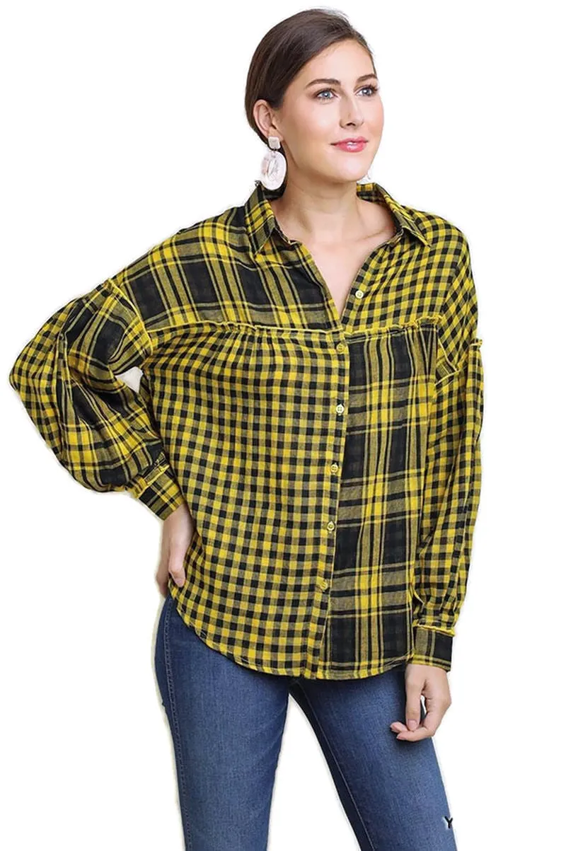 Plaid & Checkered Button Up Top, Yellow